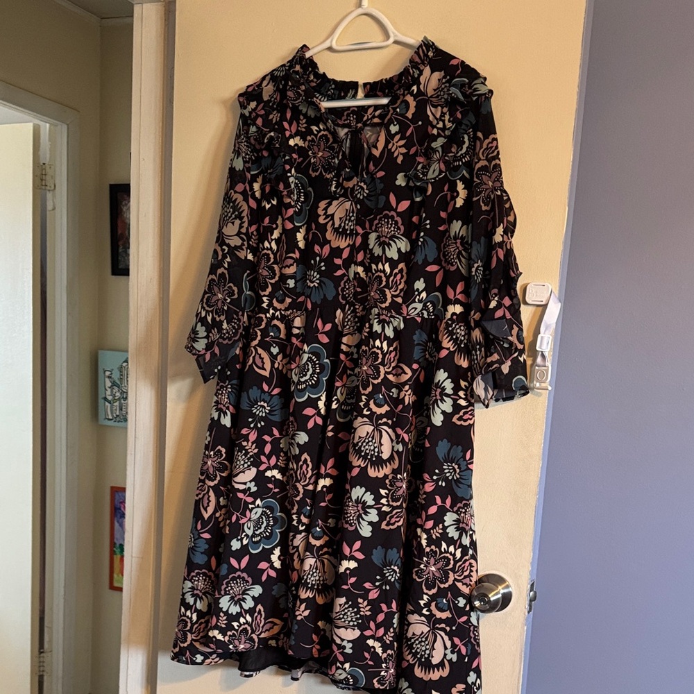 Eloquii Black Floral Midi Dress with Pink and Blue Accents